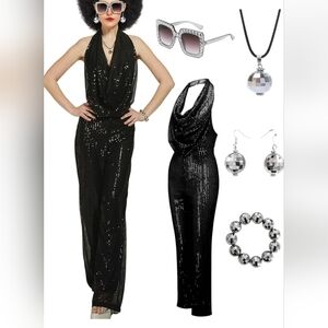 Minkasic 70s Disco Costume Sequin Backless Halter Neck Jumpsuit with Accessories